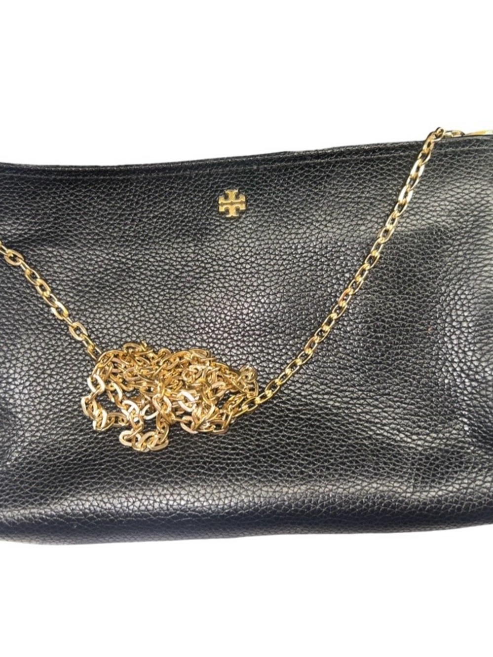Tory Burch Black Pebbled Leather Clutch with Gold Chain